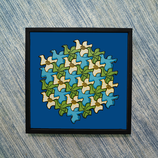 Birds and flowers wood Puzzle, Bird Puzzle, Flower puzzle, Dogwood, Bluebird,  Escher, wall art, framed wall art, fine art