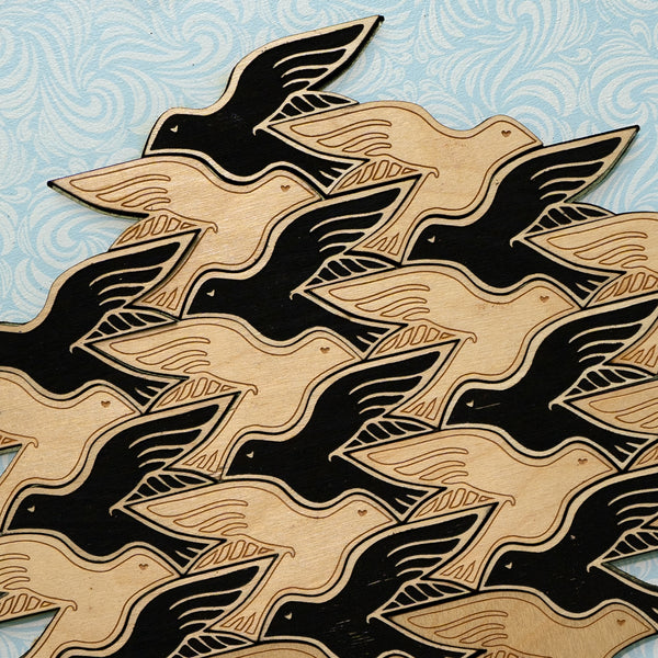 Bird Puzzle, Wood Bird Puzzle, tessellation puzzle, fidget puzzle, mind game, Escher, framed wall art, fine art